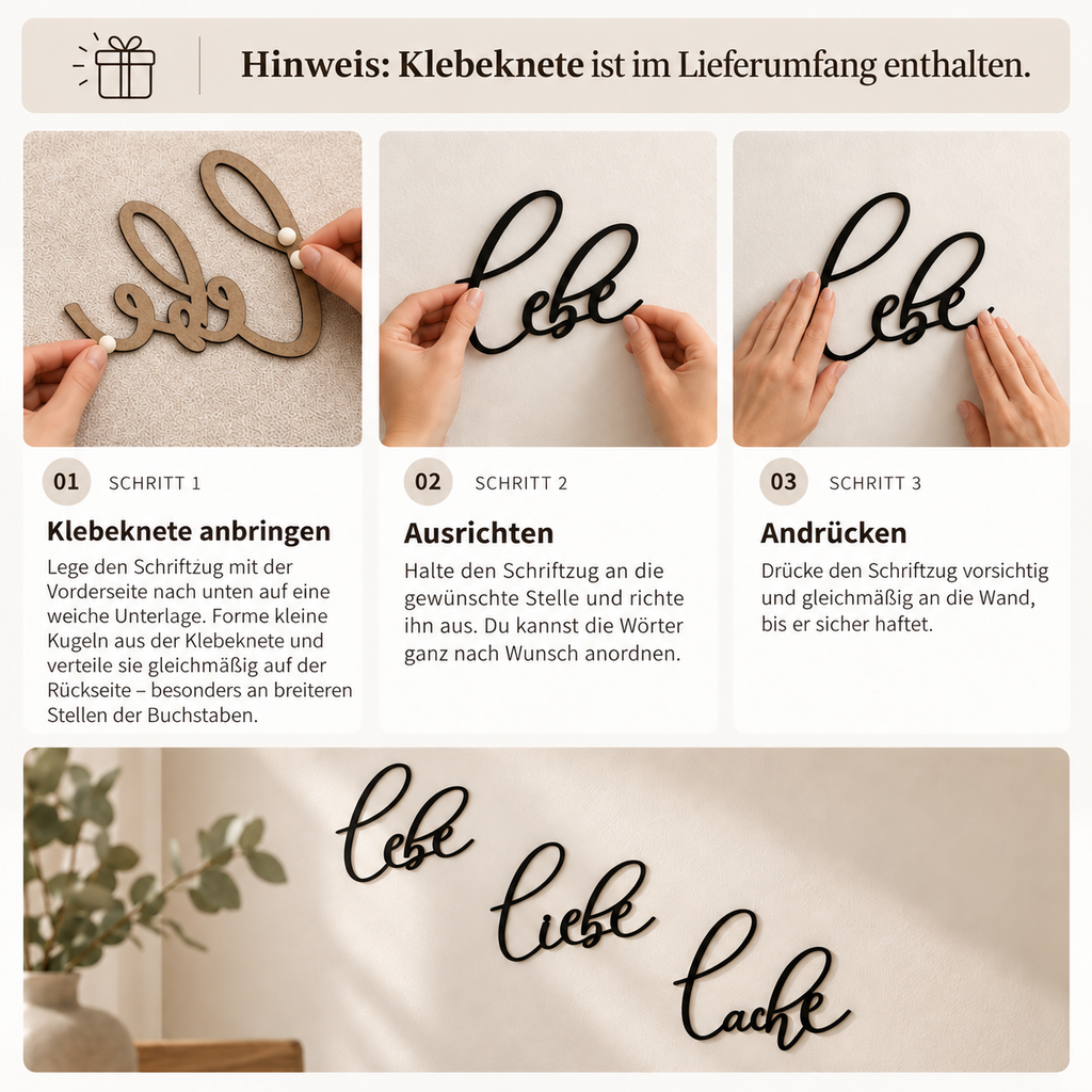 Lebe Liebe Lache – Wanddeko aus Holz | 3D Wandschriftzug
