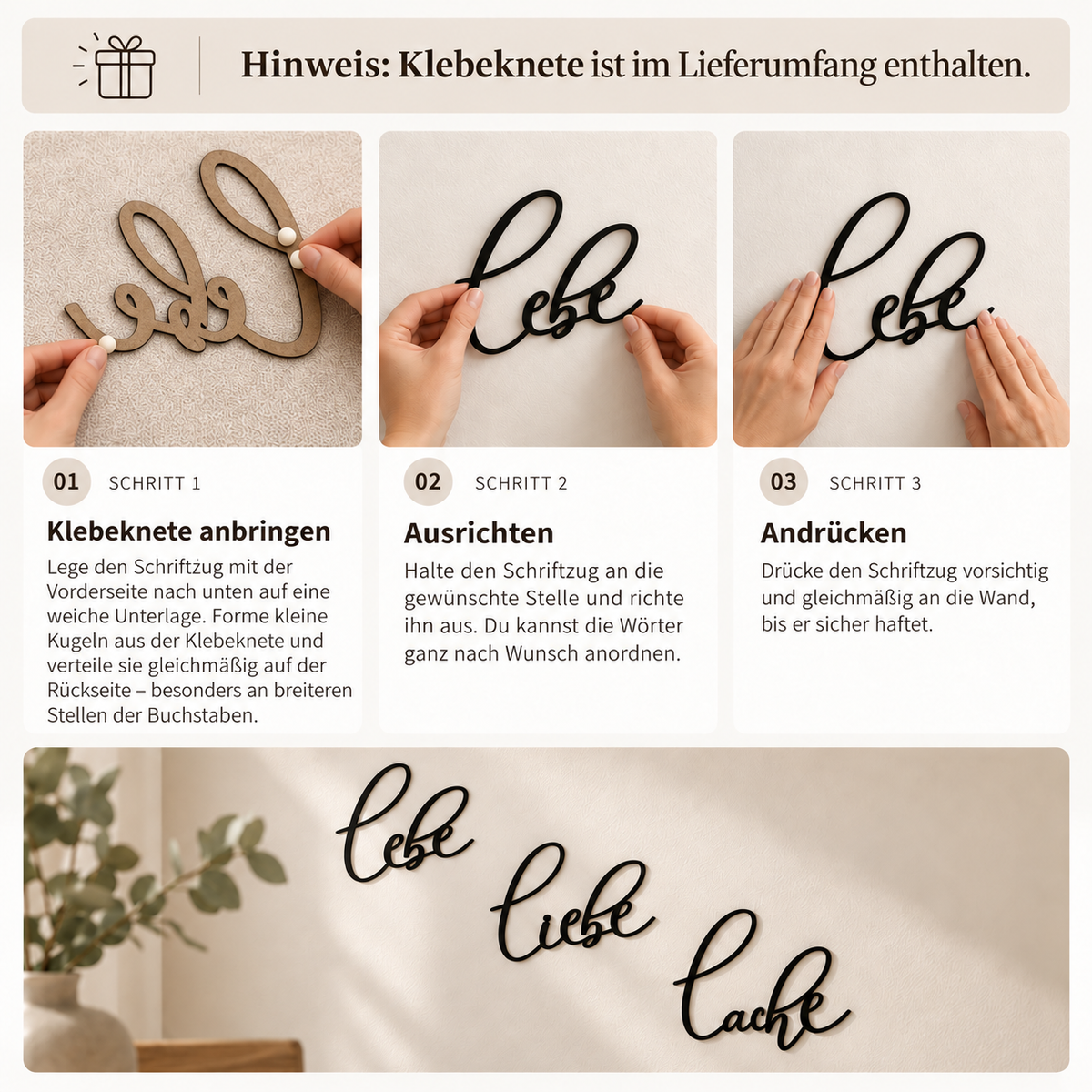 Lebe Liebe Lache – Wanddeko aus Holz | 3D Wandschriftzug
