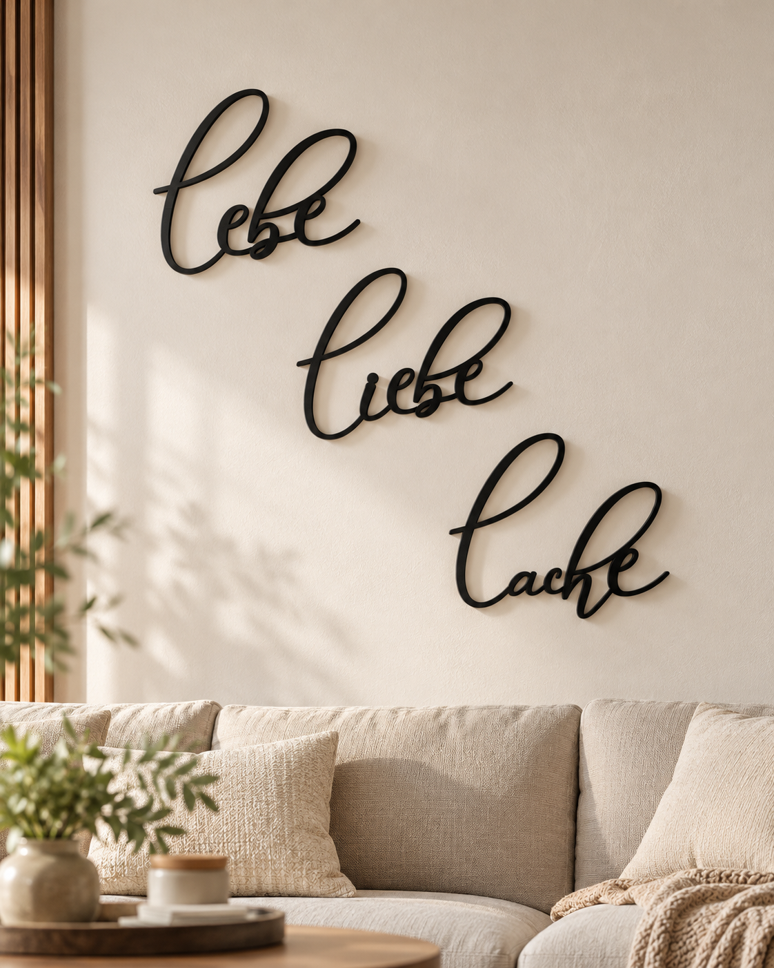 Lebe Liebe Lache – Wanddeko aus Holz | 3D Wandschriftzug
