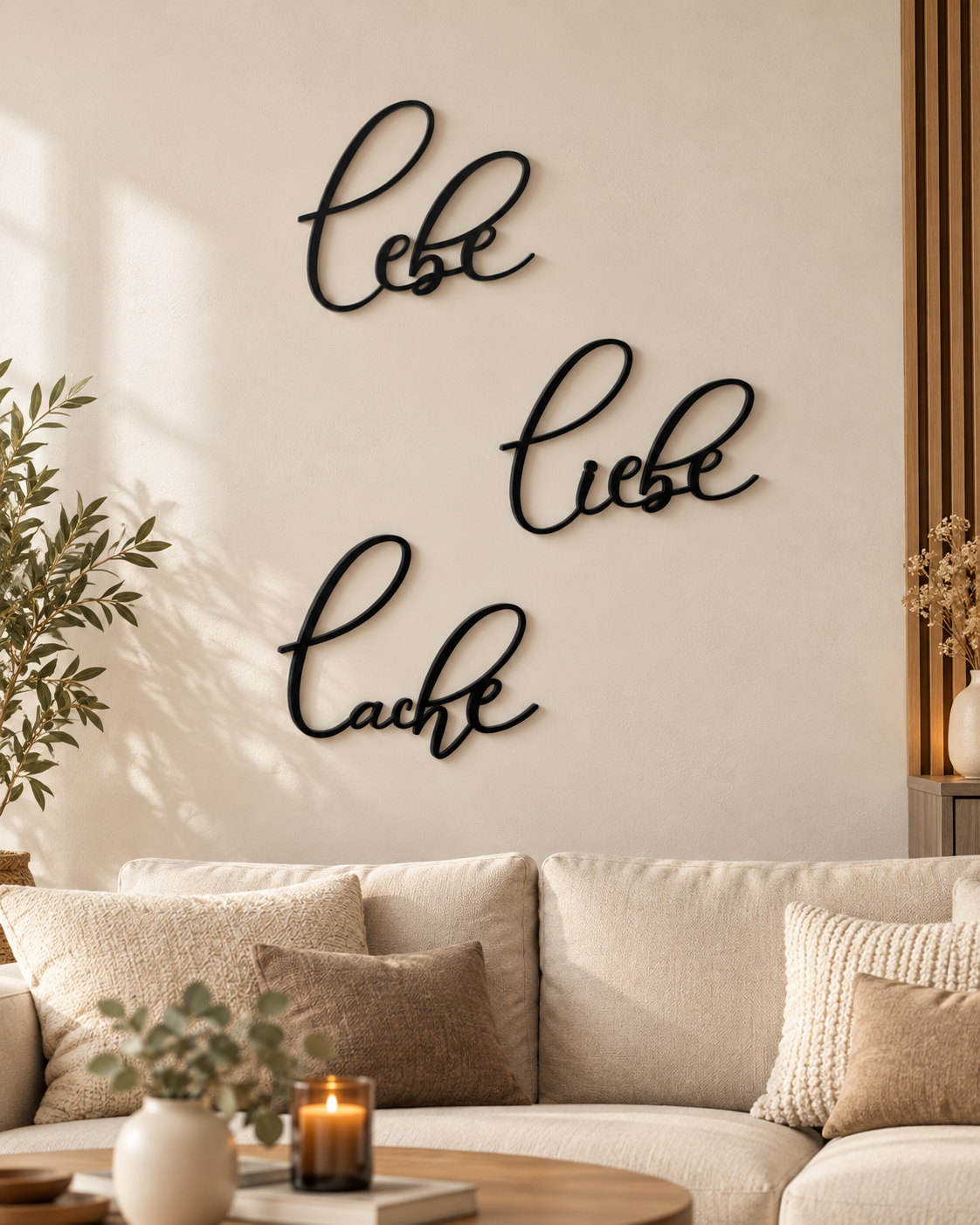 Lebe Liebe Lache – Wanddeko aus Holz | 3D Wandschriftzug
