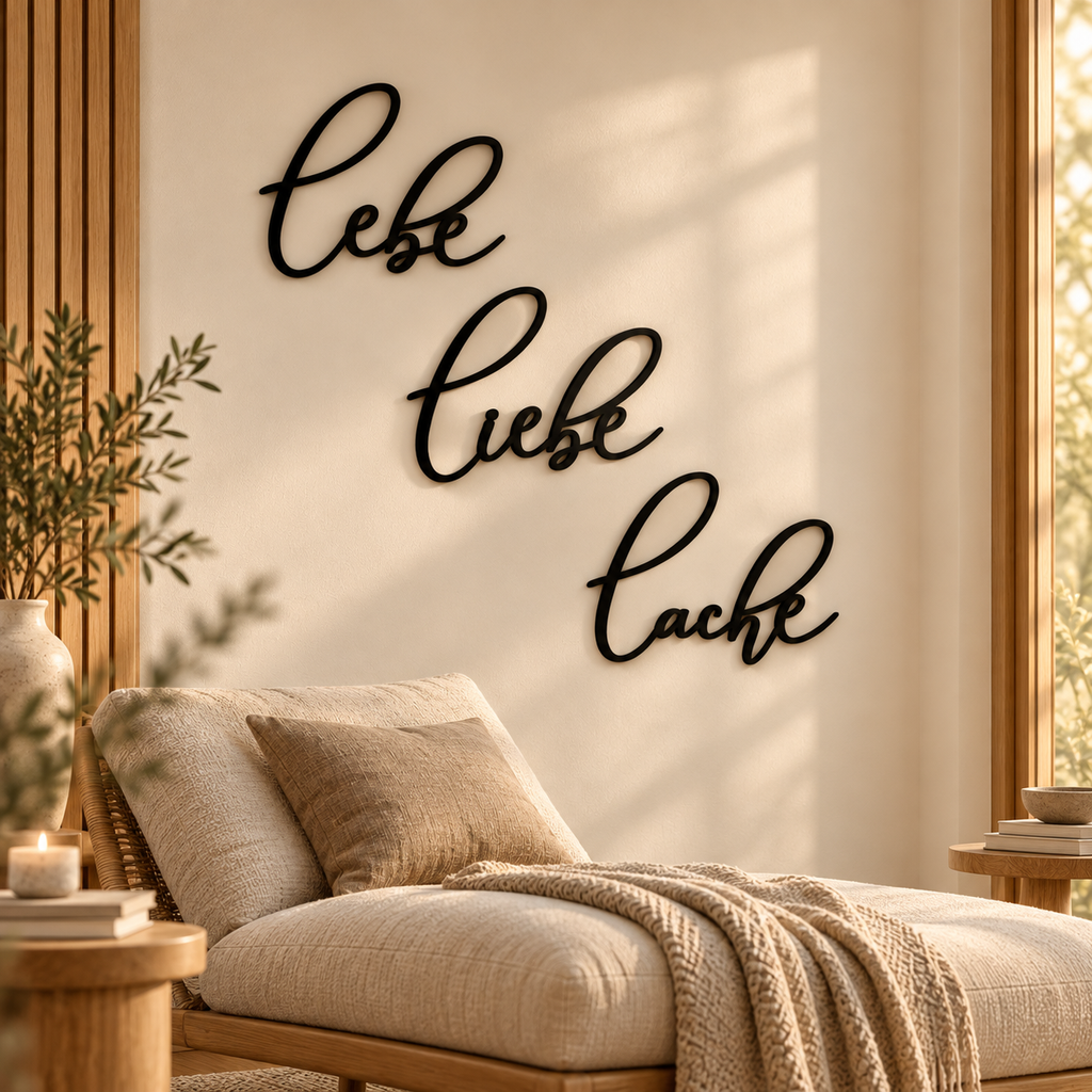 Lebe Liebe Lache – Wanddeko aus Holz | 3D Wandschriftzug