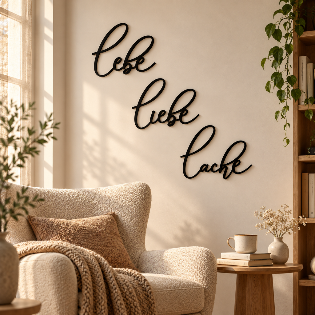 Lebe Liebe Lache – Wanddeko aus Holz | 3D Wandschriftzug