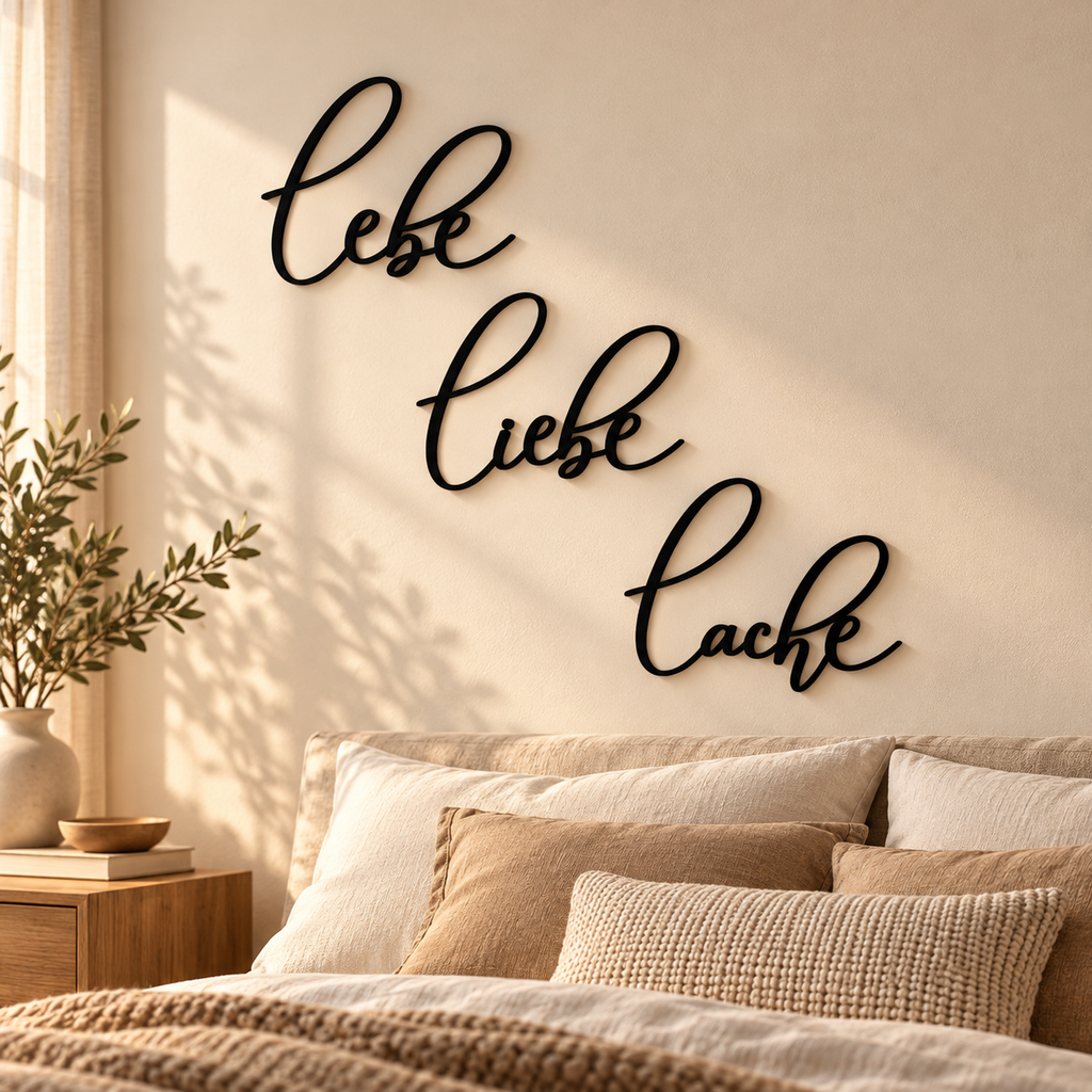 Lebe Liebe Lache – Wanddeko aus Holz | 3D Wandschriftzug