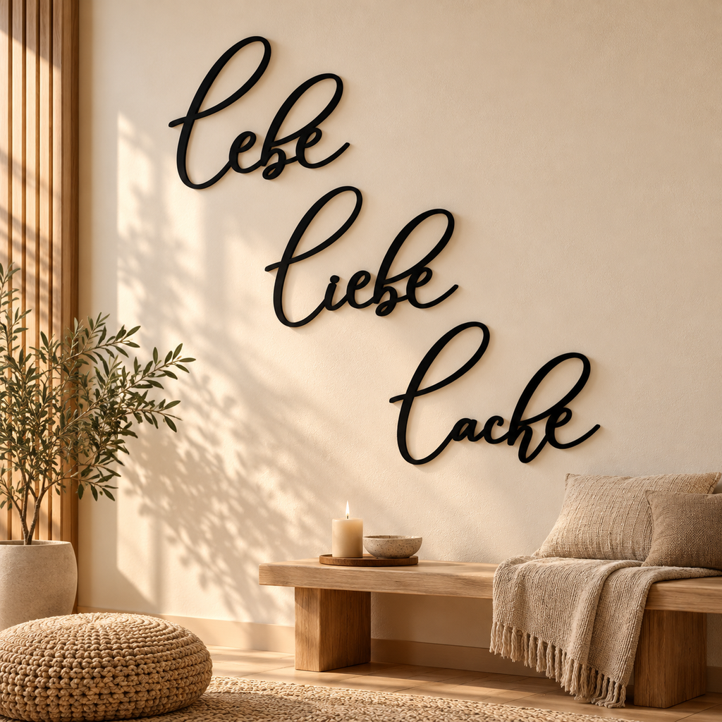 Lebe Liebe Lache – Wanddeko aus Holz | 3D Wandschriftzug
