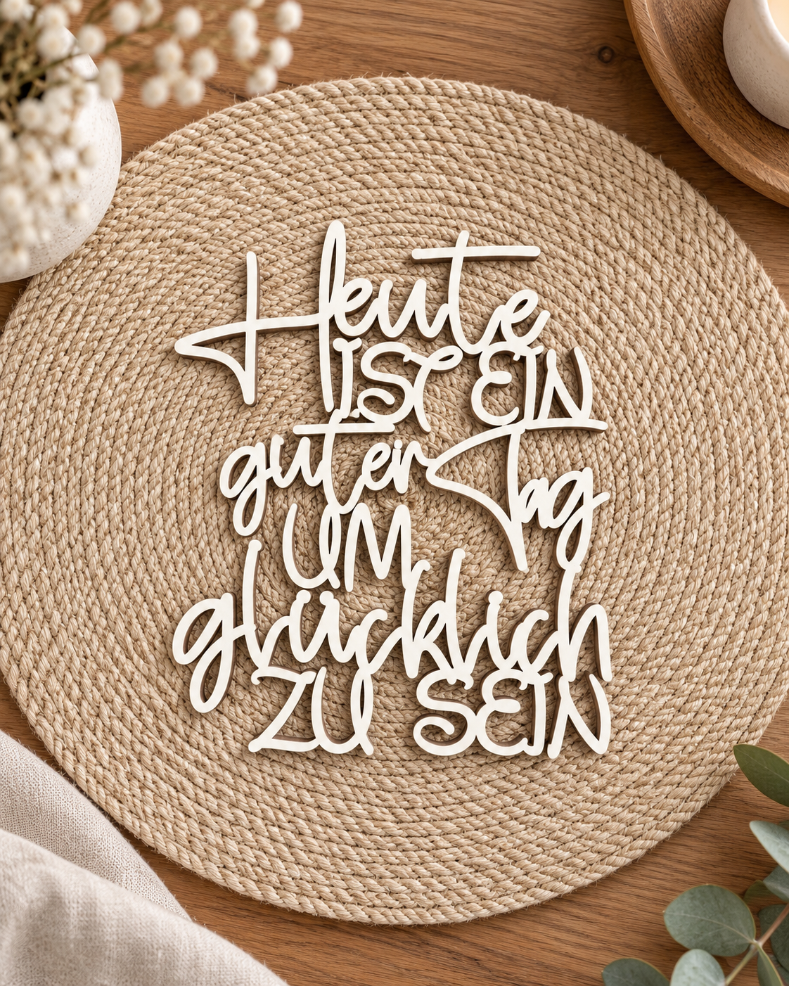 Heute ist ein guter Tag um glücklich zu sein | Moderne Wanddeko | 3D Schriftzug aus Holz oder Acryl