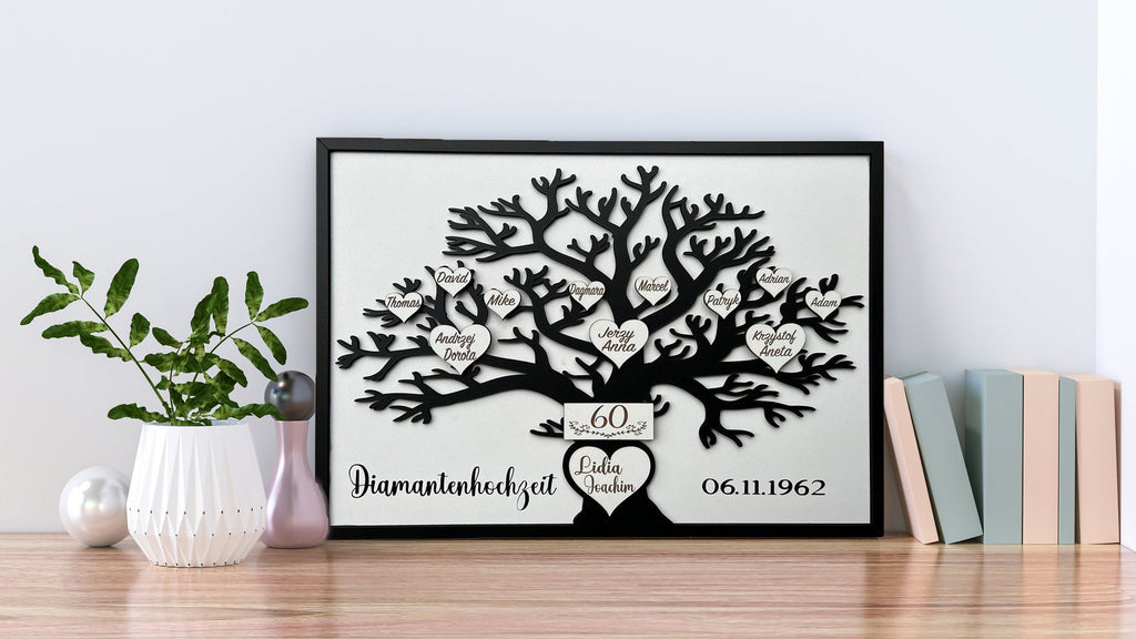 Personalisierter Geschenk Familienstammbaum aus Holz | Herz-Ornament mit Gravur | Weihnachtsgeschenk für Oma und Opa