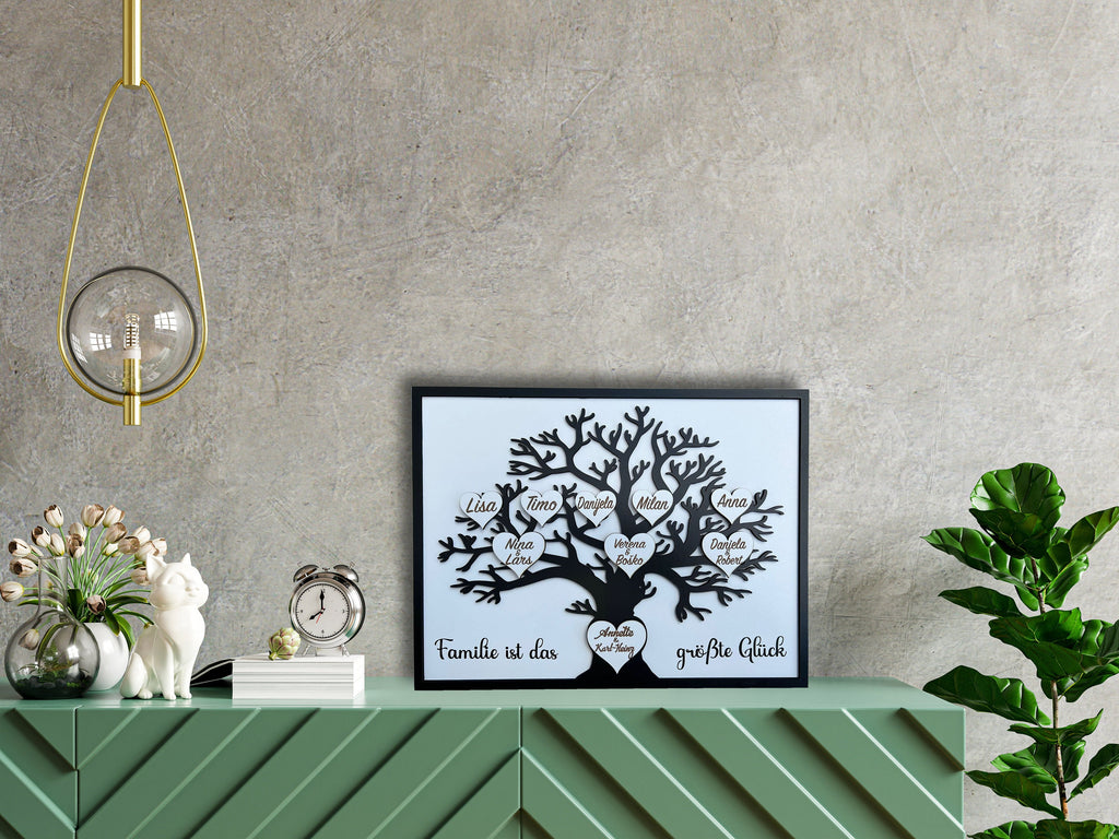 Personalisierter Geschenk Familienstammbaum aus Holz | Herz-Ornament mit Gravur | Weihnachtsgeschenk für Oma und Opa