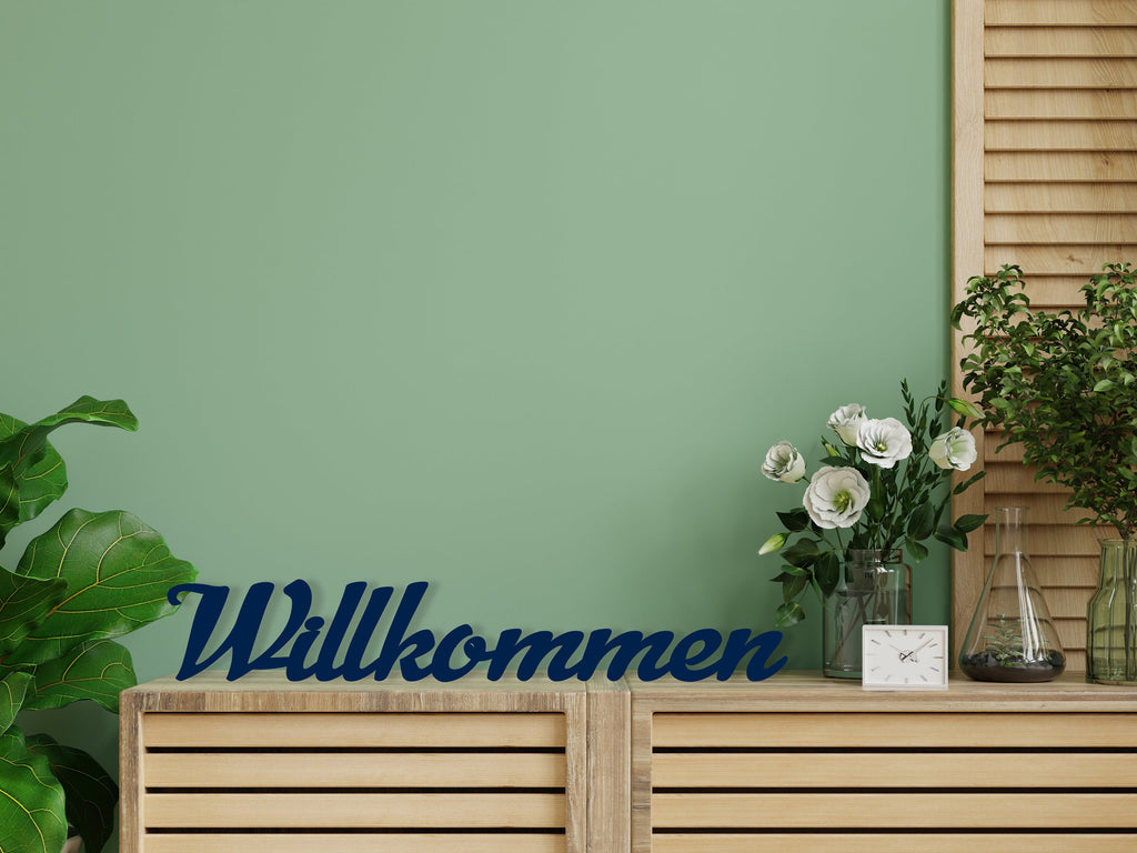 3D Schriftzug "Willkommen" aus Holz, in verschiedenen Farben und Schriftarten