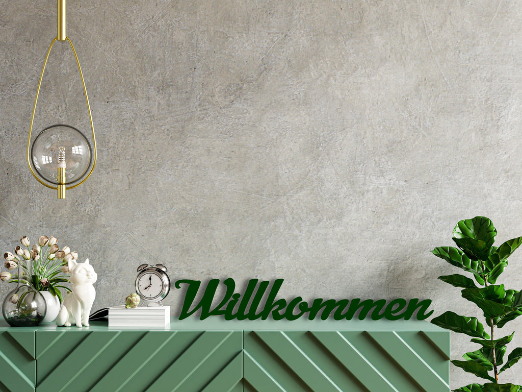 3D Schriftzug "Willkommen" aus Holz, in verschiedenen Farben und Schriftarten