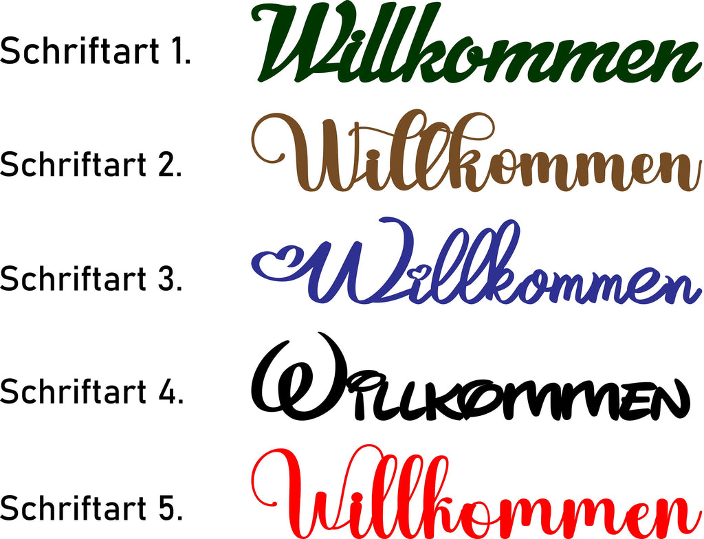 3D Schriftzug "Willkommen" aus Holz, in verschiedenen Farben und Schriftarten
