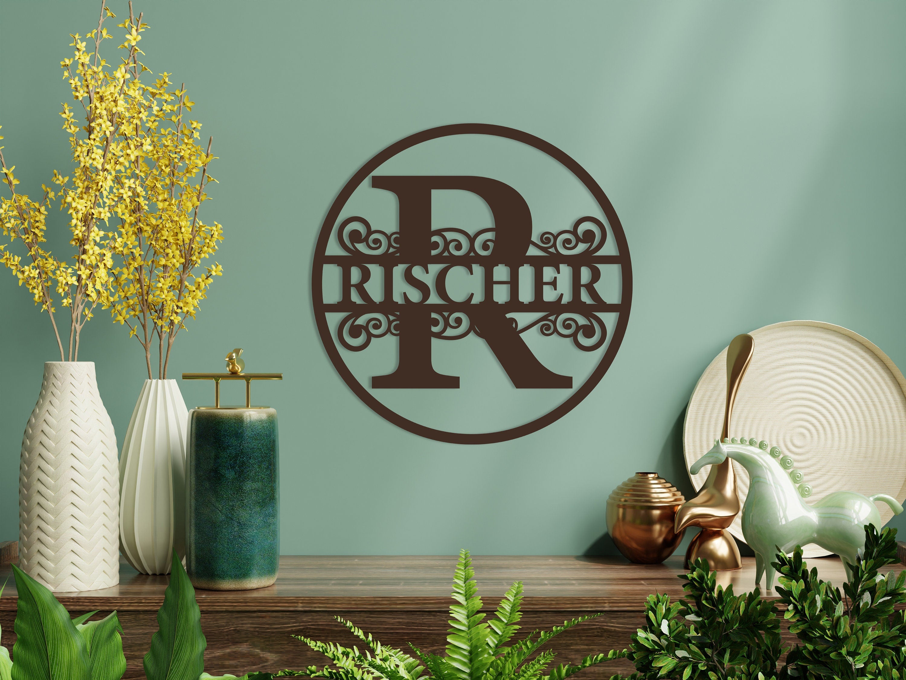 Rundes Türschild aus Holz, personalisiert mit Name, Namensschild