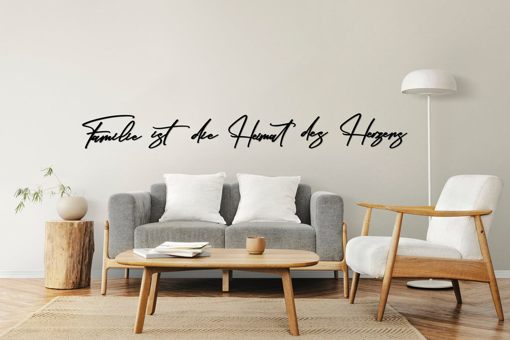 Schriftzug „Familie ist die Heimat des Herzens“ aus Holz und Acrylglas | Wanddeko | Deko Wohnzimmer