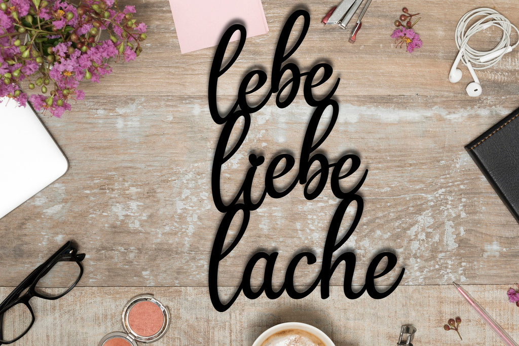 3D Schriftzug "Lebe Liebe Lache" aus Holz und Acrylglas, in verschiedenen Farben