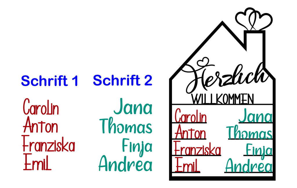 Individuelles Willkommensschild Hausform – Perfekte Deko mit Familiennamen aus Holz oder Acrylglas