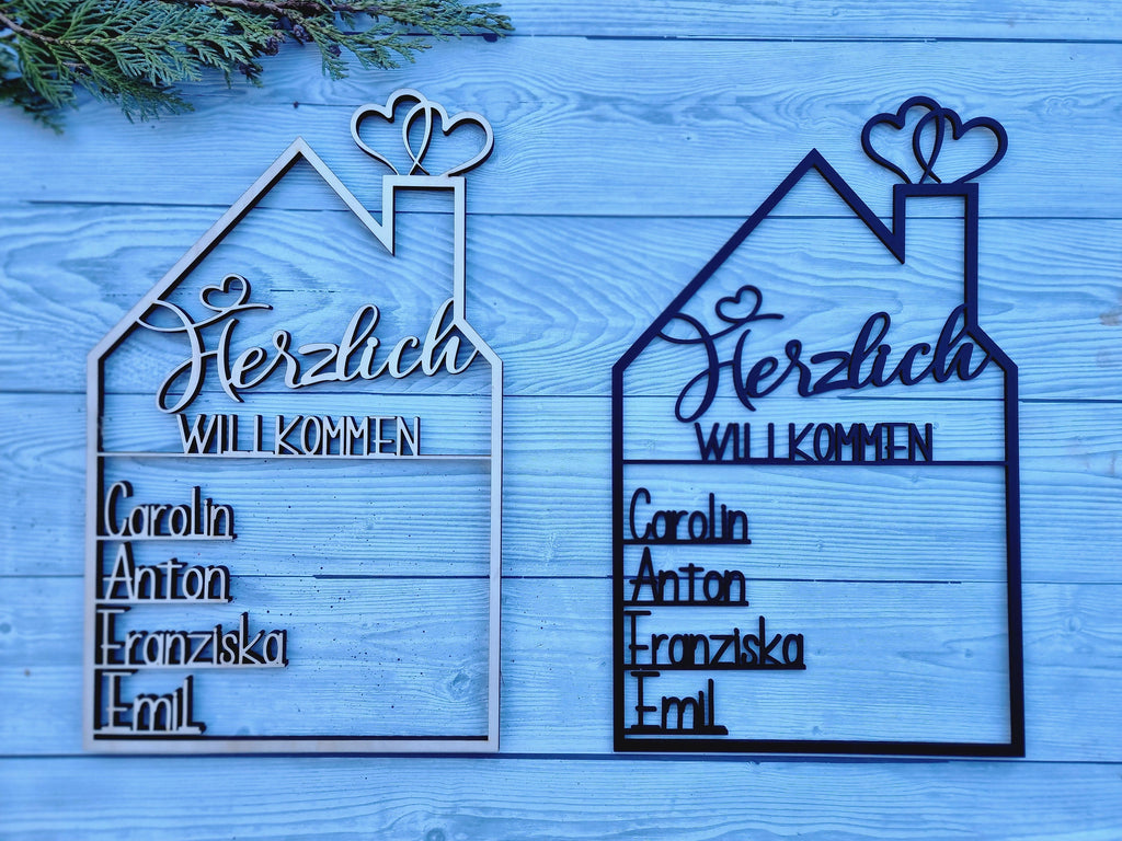 Individuelles Willkommensschild Hausform – Perfekte Deko mit Familiennamen aus Holz oder Acrylglas