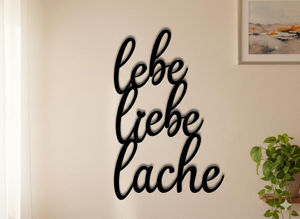3D Schriftzug "Lebe Liebe Lache" aus Holz und Acrylglas, in verschiedenen Farben
