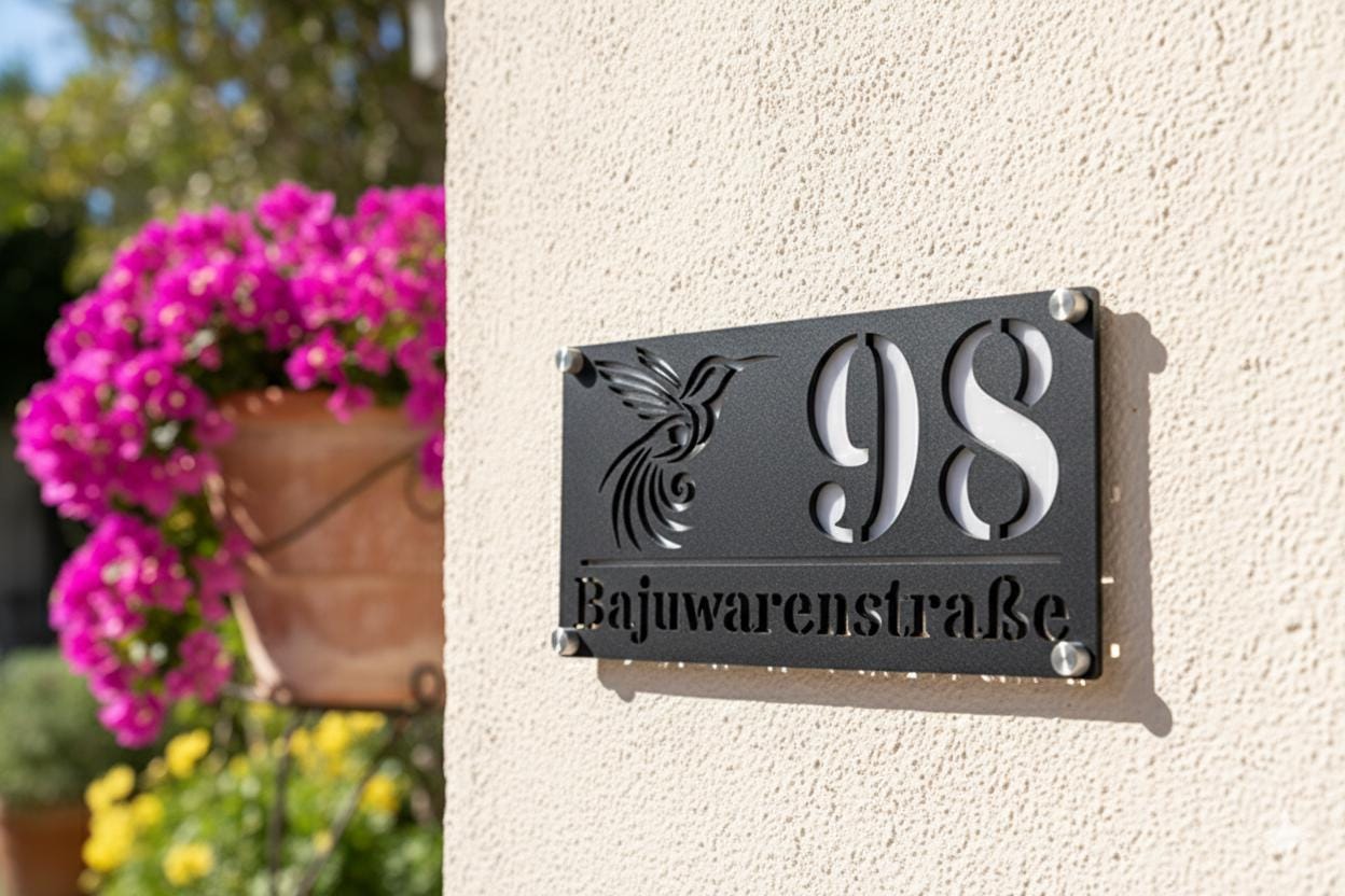 Hochwertige Acrylglas-Hausnummernschild mit edler Optik, Elegantes Matt Schwarz mit Spiegel-Silber, Modernes personalisiertes Hausnummer