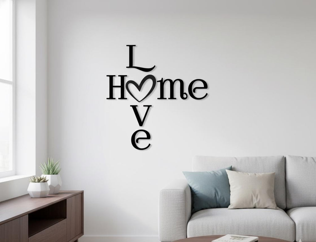 Schriftzug HOME LOVE mit Herz | Moderne Wanddeko für ein gemütliches Zuhause | Wanddeko für Wohnzimmer aus Holz & Plexiglas