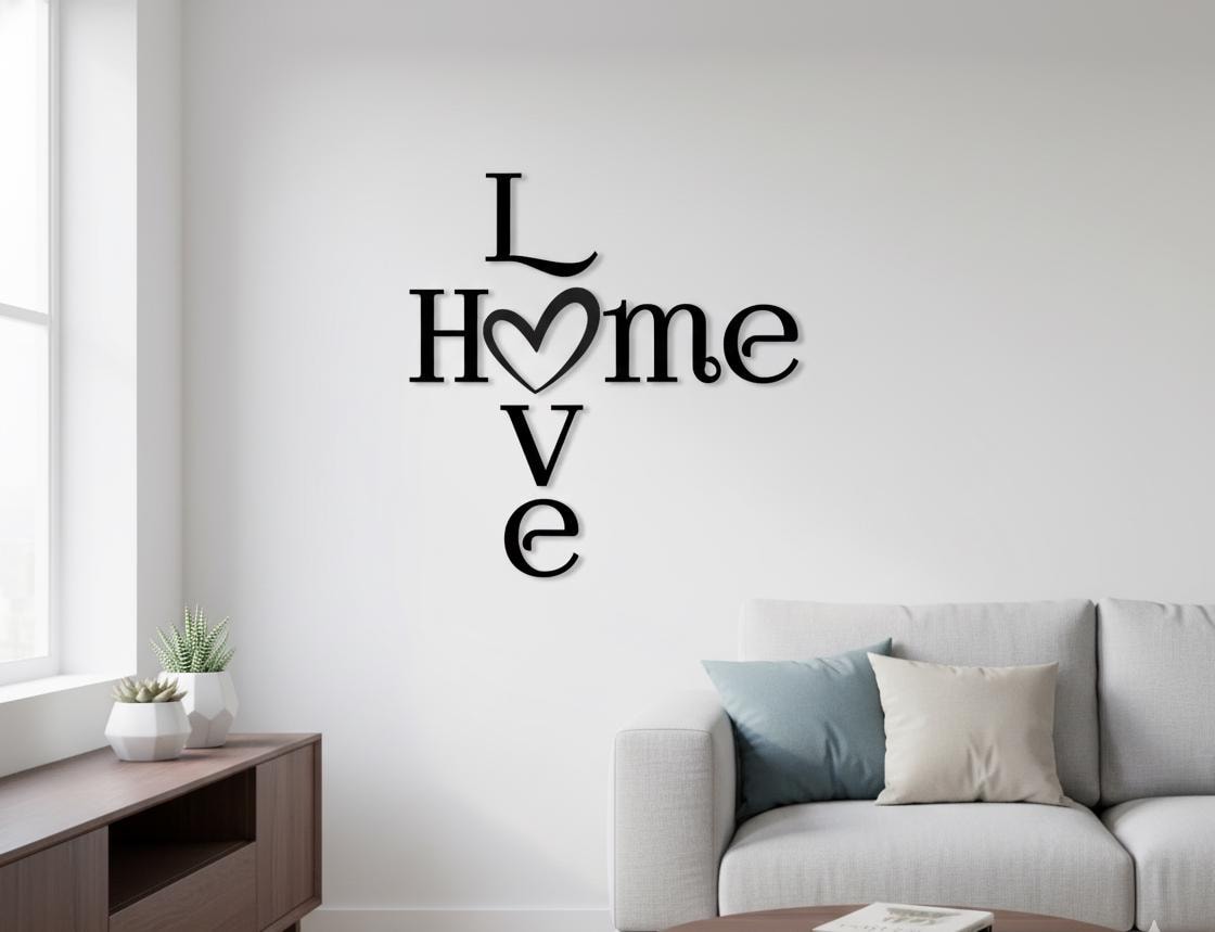 Schriftzug HOME LOVE mit Herz | Moderne Wanddeko für ein gemütliches Zuhause | Wanddeko für Wohnzimmer aus Holz & Plexiglas