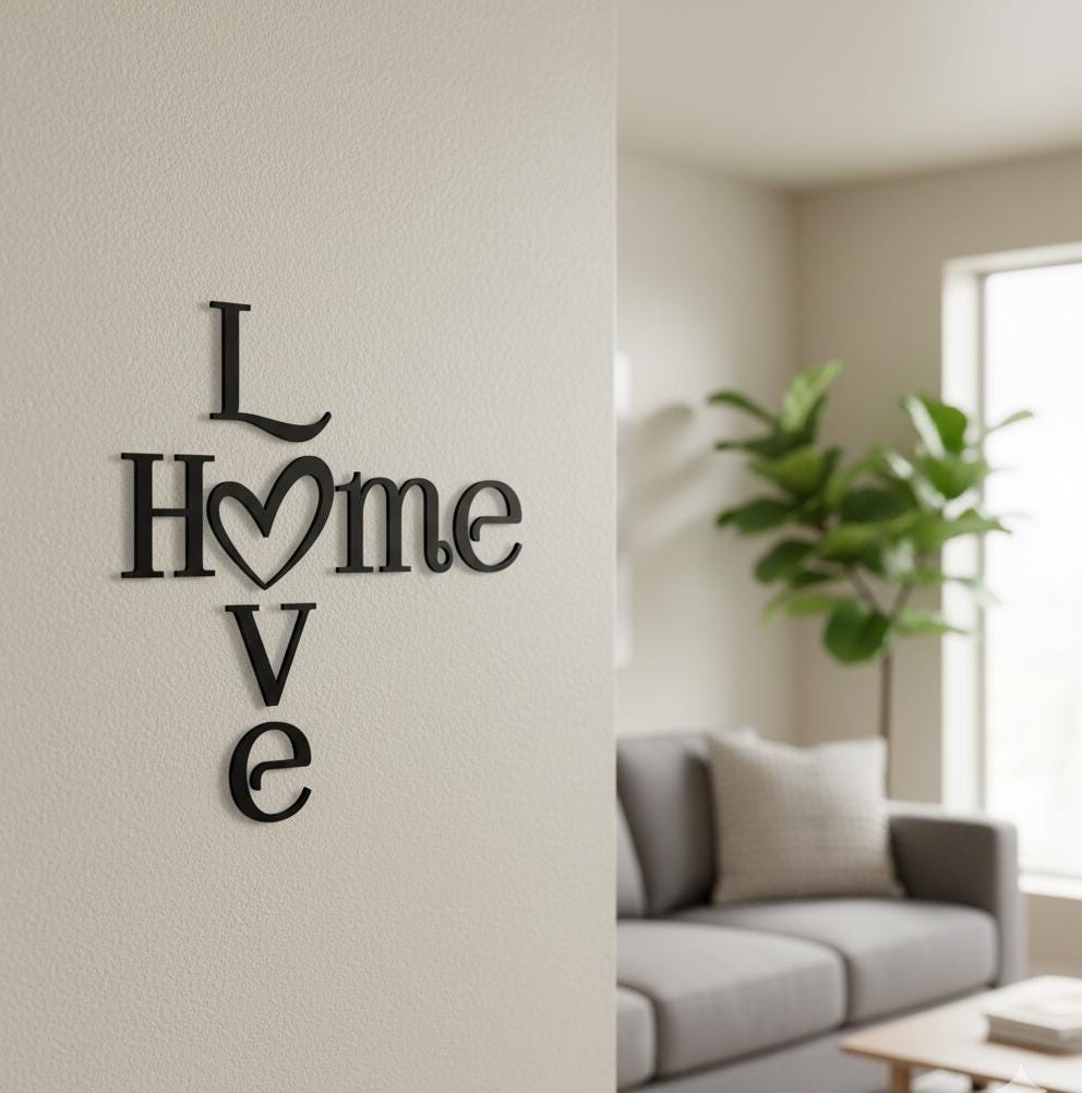 Schriftzug HOME LOVE mit Herz | Moderne Wanddeko für ein gemütliches Zuhause | Wanddeko für Wohnzimmer aus Holz & Plexiglas