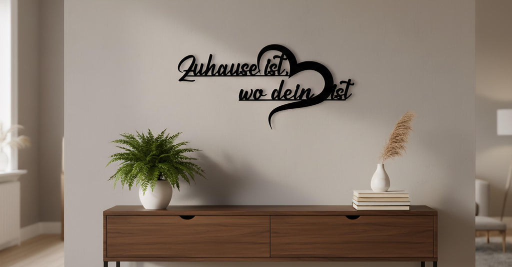 Schriftzug "Zuhause ist wo dein Herz ist" aus Holz und Acrylglas