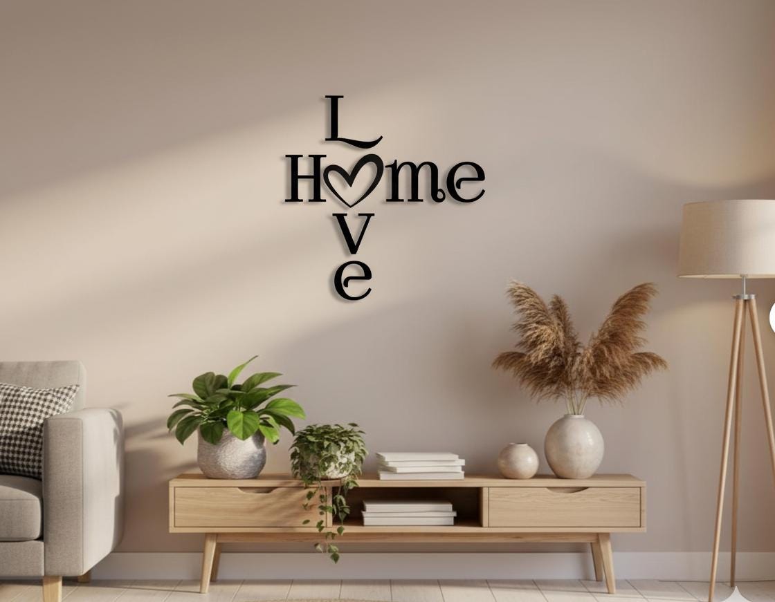Schriftzug HOME LOVE mit Herz | Moderne Wanddeko für ein gemütliches Zuhause | Wanddeko für Wohnzimmer aus Holz & Plexiglas