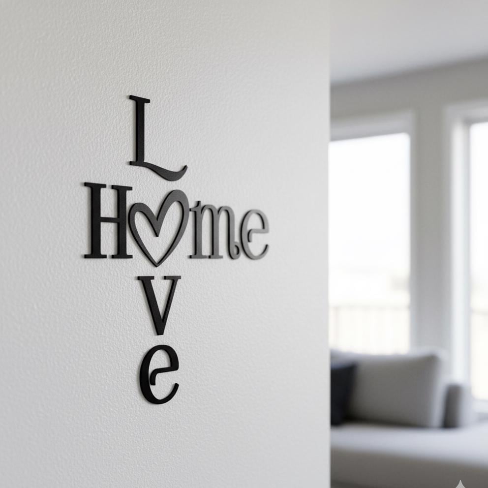 Schriftzug HOME LOVE mit Herz | Moderne Wanddeko für ein gemütliches Zuhause | Wanddeko für Wohnzimmer aus Holz & Plexiglas