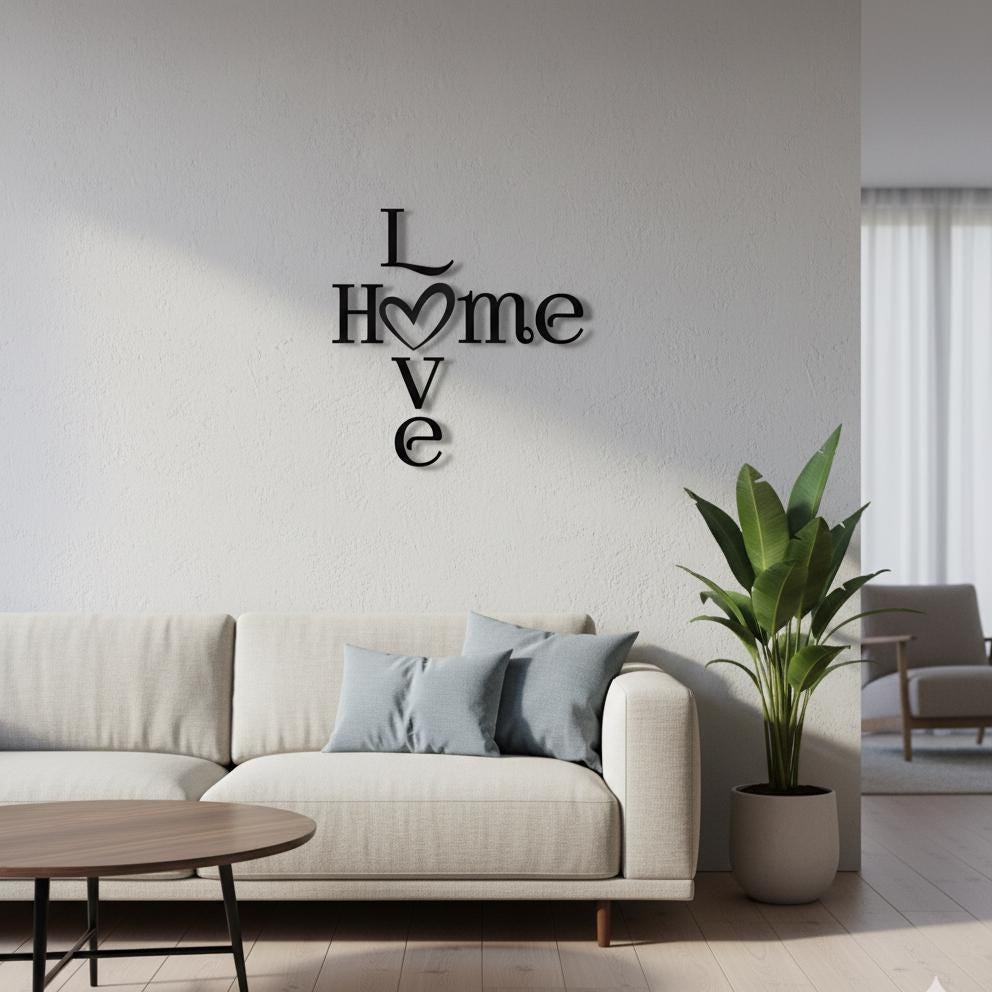 Schriftzug HOME LOVE mit Herz | Moderne Wanddeko für ein gemütliches Zuhause | Wanddeko für Wohnzimmer aus Holz & Plexiglas