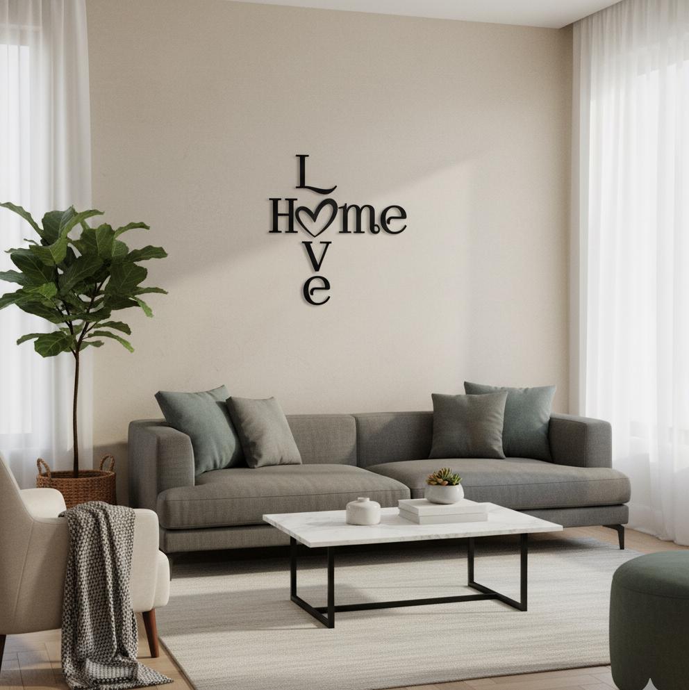 Schriftzug HOME LOVE mit Herz | Moderne Wanddeko für ein gemütliches Zuhause | Wanddeko für Wohnzimmer aus Holz & Plexiglas