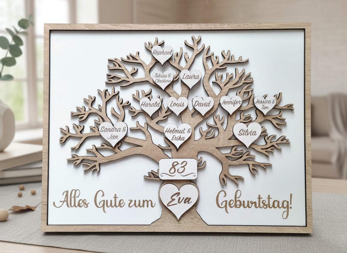 Personalisierter Geschenk Familienstammbaum aus Holz | Herz-Ornament mit Gravur | Weihnachtsgeschenk für Oma und Opa